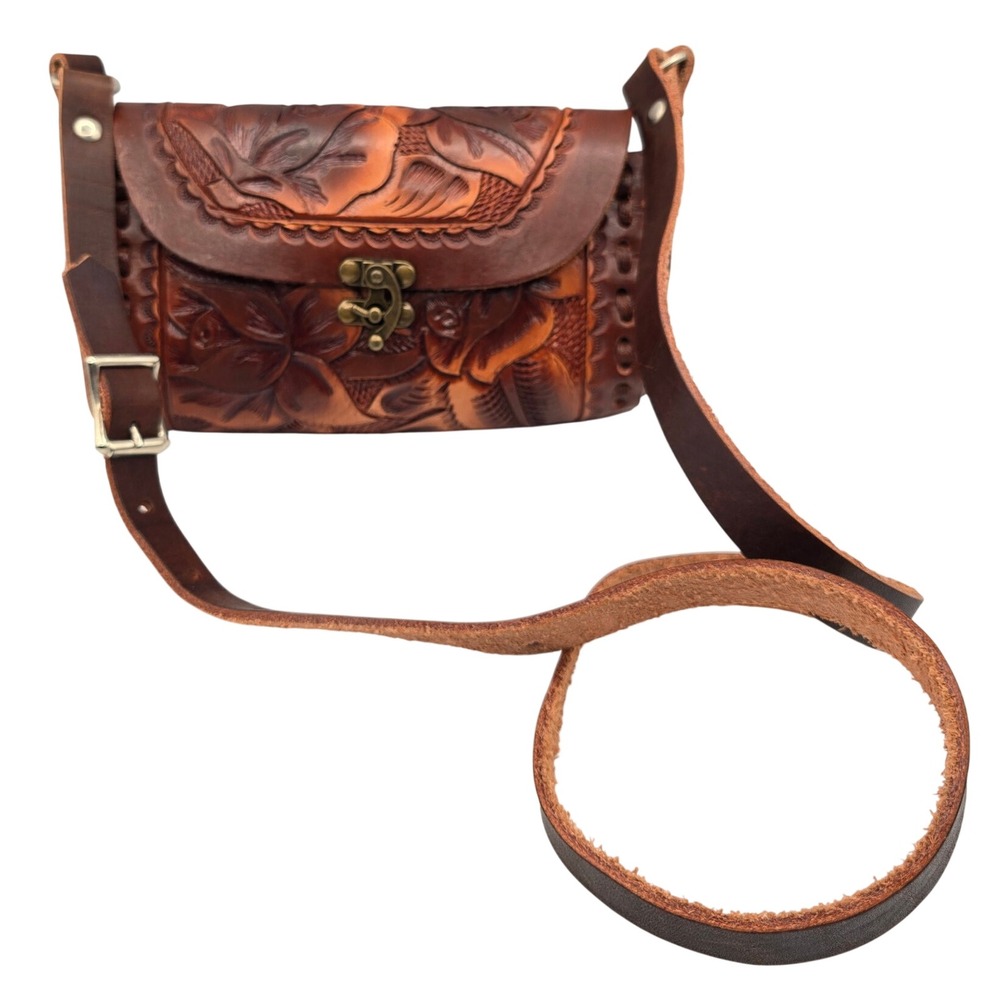 Vintage Hecho En Mexico Hand Tooled Leather Crossbody Bag Floral Boho Western